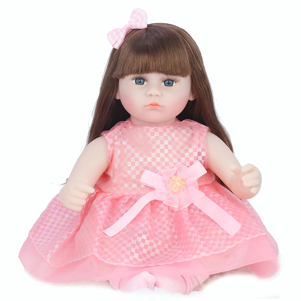 

42cm Cute Straight Hair Pink Skirt Bow Reborn Doll Vinyl Limb PP Cotton Filled Boys and Girls Birthday Holiday Interactive Doll