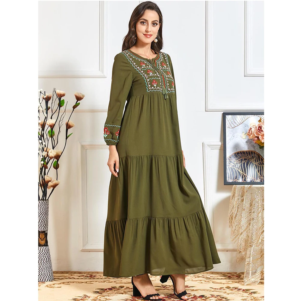 

Muslim Embroidery Long Dress O-neck Abaya Draped Deisgn Arab Jilbab Women Ramadan Islamic Maxi Robe Gown Ethnic Kaftan Fashion