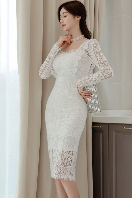 

COIGARSAM Patchwork Women dress New Lace Dresses White 7656