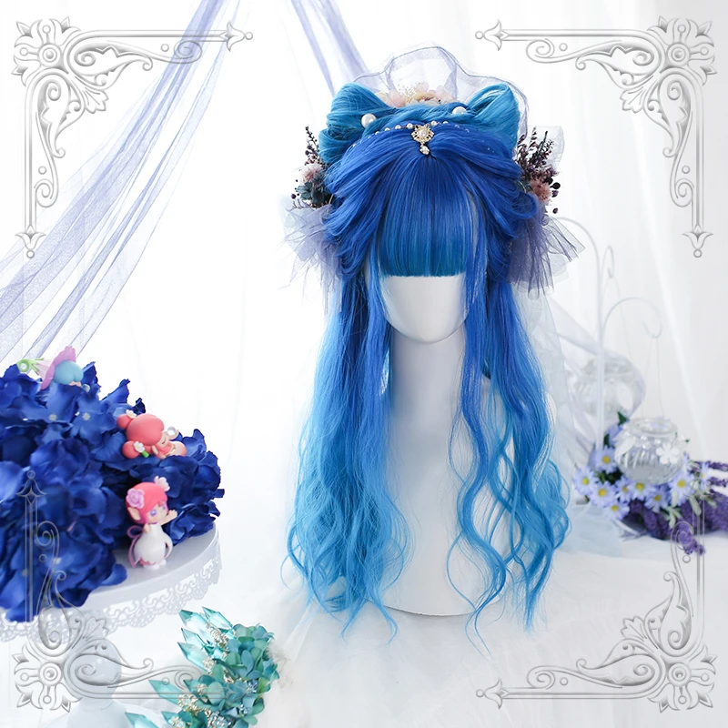 

Female Long Wavy Bangs Blue Wig Hair Tail Gradual Change Of Light Color Women Natural Slight Curly Wigs Cosplay Party