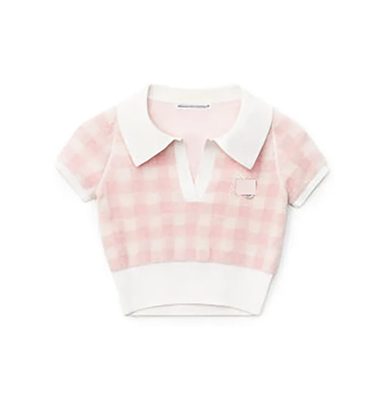 

Alexander AW knitted short-sleeved women's 2021 new spring sweet style gradient check knit short top