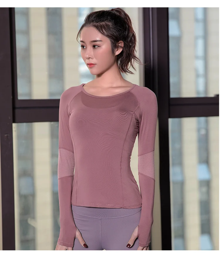 Рубашка для йоги с длинным рукавом женские сетчатые топы бега спортивных