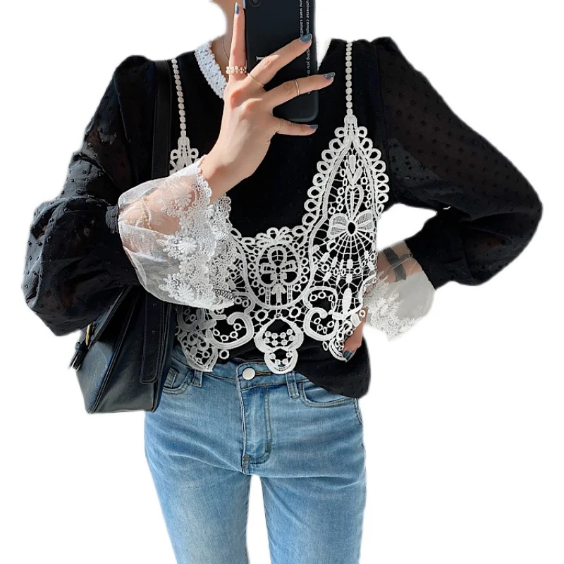 

Korean Chic Romantic French Style Girly Temperamental Chiffon Crocheted Lace Strap Fake Two Pieces Shirts Long Sleeve Top for