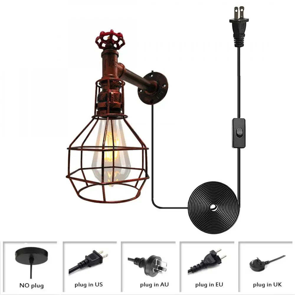 

Antique Red Rust Finish Wall Lamp, Industrial Retro Style Wire Cage Water Pipe Wall Sconce, Metal Wall Light Plug In Cord