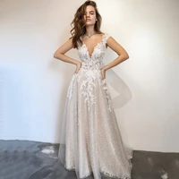 eightree sexy v neck wedding dresses applique backless a line glitter lace sleeveless bridal gown long evening dress custom size