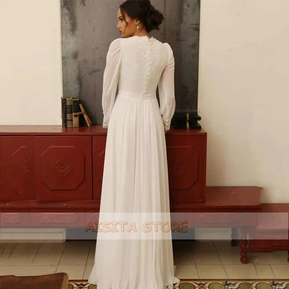 Simple Wedding Dresses Elegant O Neck Long Sleeve Lace Appliques Chiffon Sheath Sweep Train Bridal Gowns 2021 Vestido De Noiva