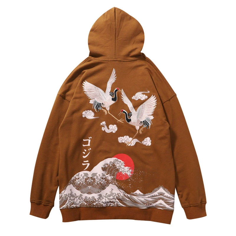 Японский стиль вышивка журавль Kanagawa Surf Принт толстовки уличная Harajuku Хип Хоп
