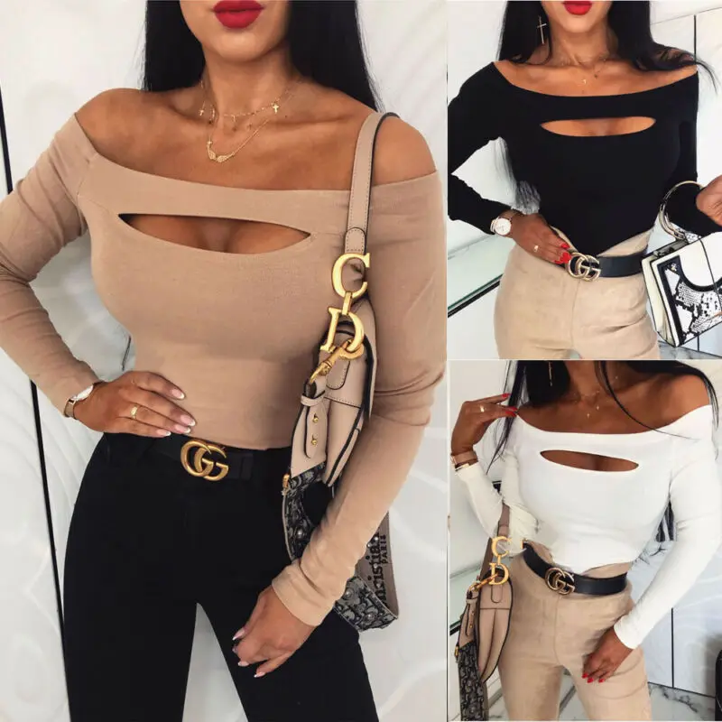 Модная женская футболка сексуальная с открытыми плечами длинным рукавом