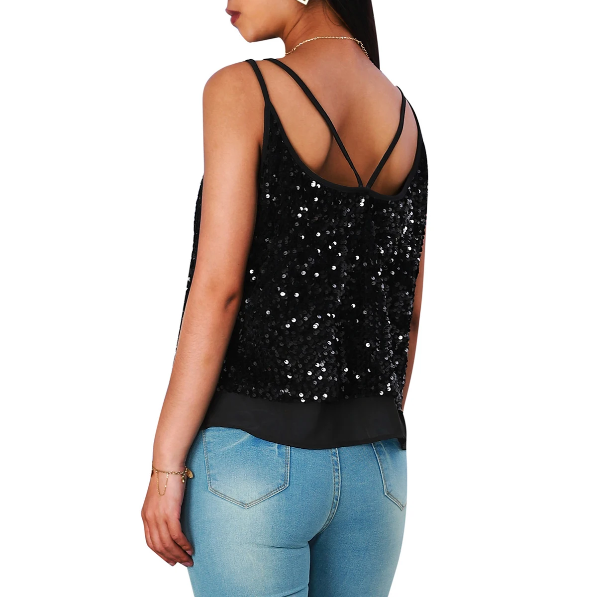 

Women's Sequin Tank Top, Spaghetti Strap Sparkle Shimmer Camisole Party Club Vest