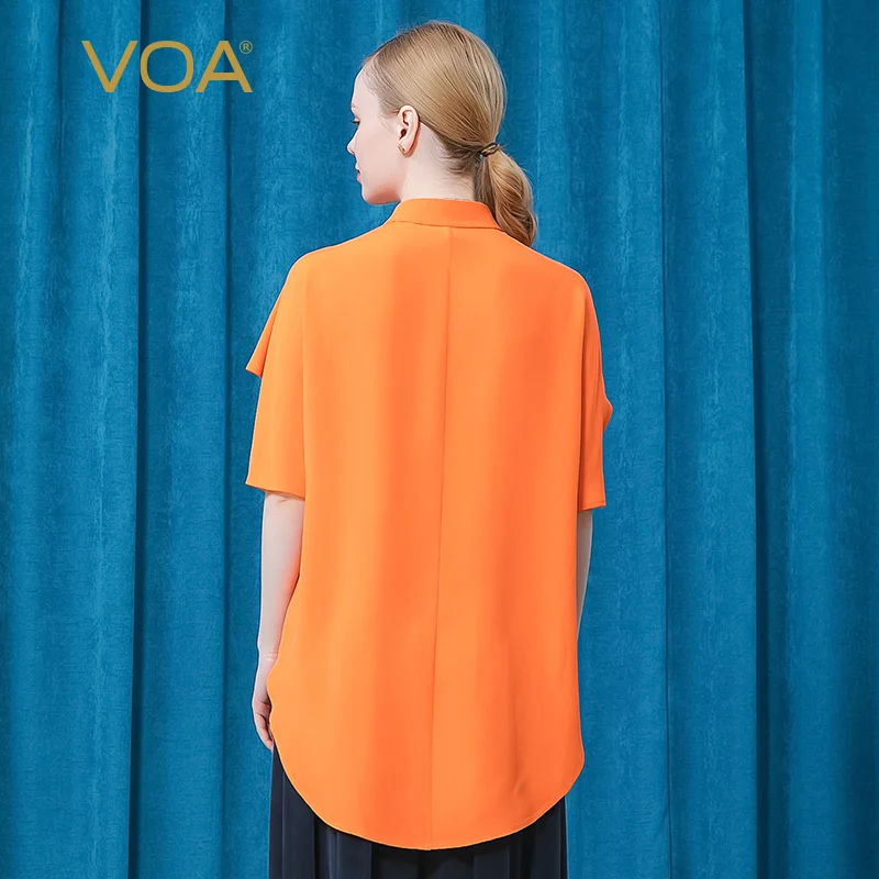 Preise VOA 2021 Sommer Seide Polo-Neck Bluse Fliegen Ärmeln Orange Tops BE556 Einreihige Multi-taste Gebogene Saum Lose Plus Größe Shirts