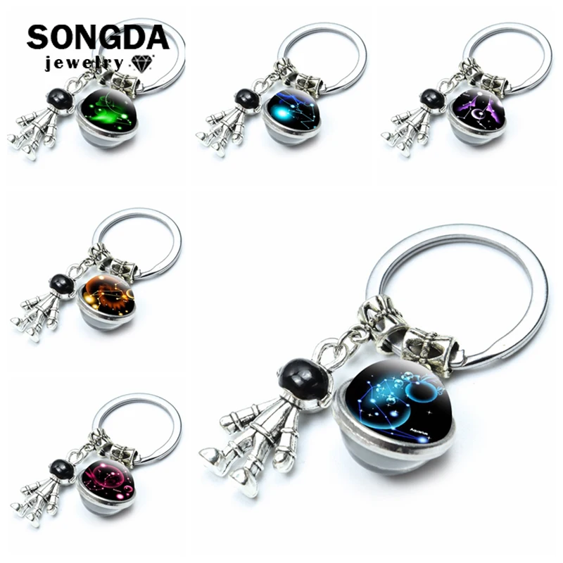 

New 12 Constellation Keychain Zodiac Signs Jewelry Double Side Glass Ball Robot Spaceman Pendant Key Ring Boy Girl Birthday Gift