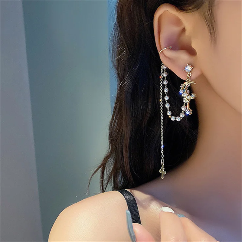 

1Pcs Rhinestone Moon Ear Clips For Women Elegant Pearl Chain Earrings Girls Shiny Long Tassel No Piercing Fake Earrings Jewelry