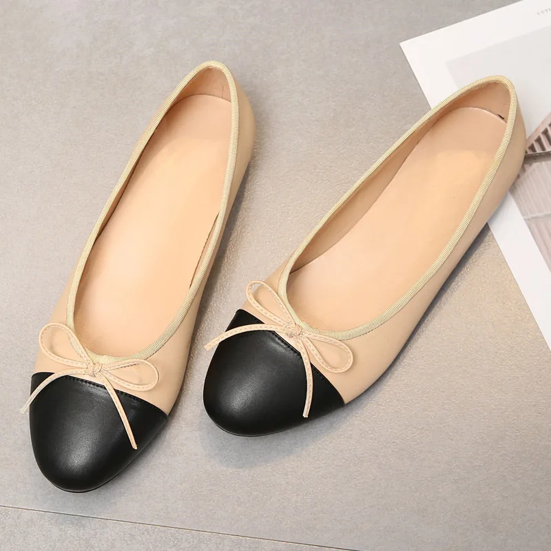 

Ballet Flats Classic Shoes Women Basic 2021 Leather Tweed Cloth Two Color Splice Bow Round Ballet Shoe Fashion Flats Women Shoes
