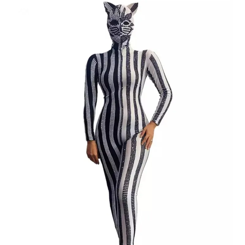 Halloween Cosplay Kostuum Kat Rollenspel Prestaties Kleding Zwart Wit Streep Skinny Stretch Jumpsuit Hoofddeksels Stadium Slijtage Halloween Cosplay Kostuum Kat Rollenspel Prestaties Kleding Zwart Wit Streep Skinny Stretch Jumpsuit Hoofddeksels Stadium Slijtage