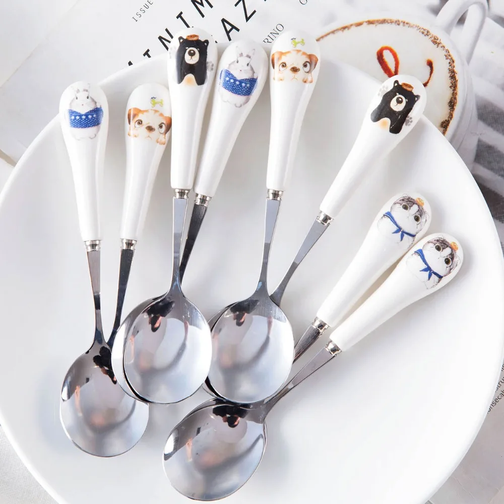 

1Pc Cute Dinner Spoon Stainless Steel Coffee Spoon Ceramic Handle Dessert Candy Tea Spoons Tableware Kitchen Cutlery