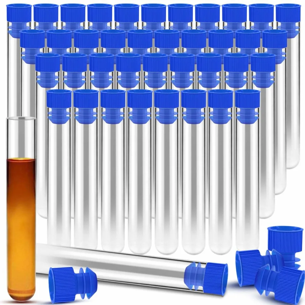 50 Pcs 13ml Clear Plastic Test Tubes with Blue Cap, 16x100mm Vials Container Sample Tubes for Liquid, Scientific Experiments