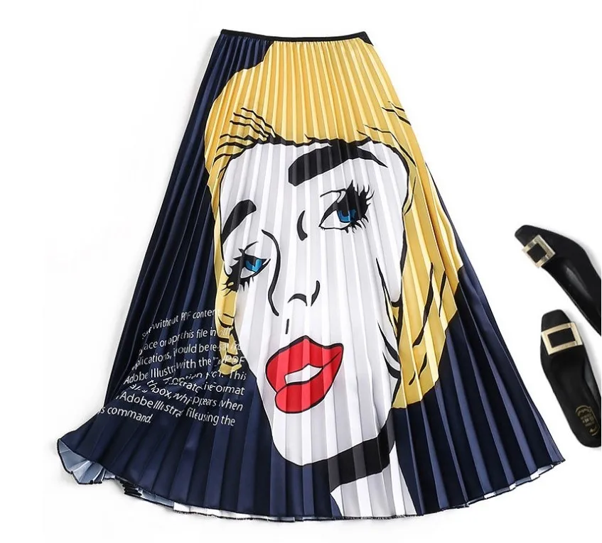 LAUZUOLA Spring Autumn Printed Cartoon Skirt Midi High Street Party Holidays High Elastic Quality Long Pleated Skirts Womens - Цвет: 022