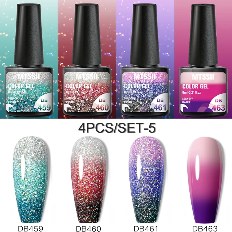 

Mtssii 4 шт тепловой набор гель-лаков для ногтей ультра-тонкий блеск меняющий Цвет Волшебный Гель-лак впитывающий УФ светодиодный Гель-лак для ...