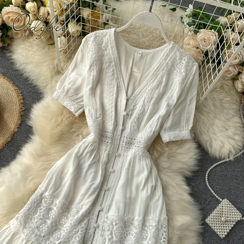 Женское длинное вечернее платье Ordifree Красное Белое Кружевное пляжное