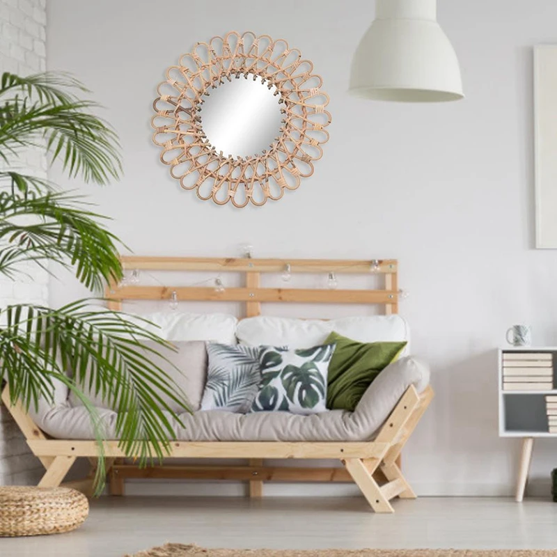 

40Cm Nordic Wicker Wall-Mounted Mirror Rattan Round Dressing Mirror Home Living Room Bathroom Decor Wall Hanging Mirror