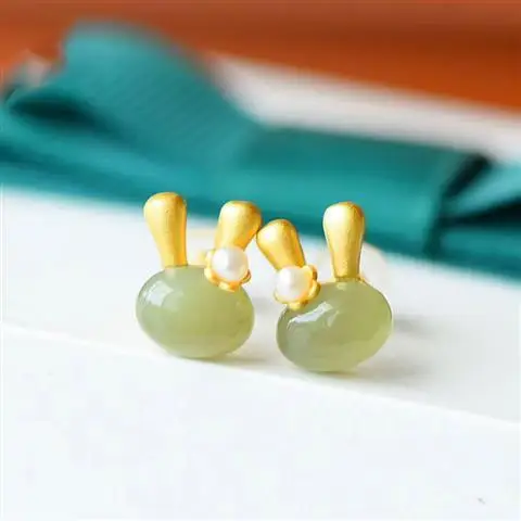 

Full of Girly Heart Super Tolerable Gray Jade Bunny Ear Studs Ancient S925 Sterling Silver Exquisite Sweet Fun Earrings for Wome