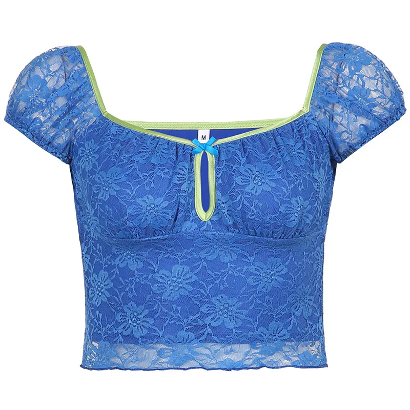 

Women's Bow Lace Hollow Slim Short Short Sleeve T-shirt Women 2021 NEW