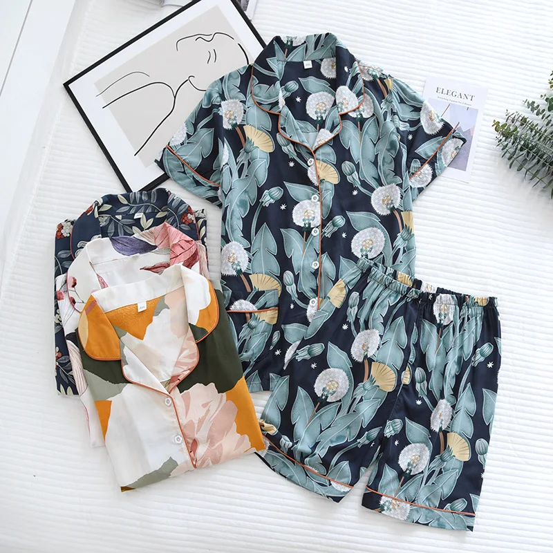 

2021Summer new style ladies 100% viscose pajamas two-piece pure cotton thin large size short-sleeved shorts cartoon home service