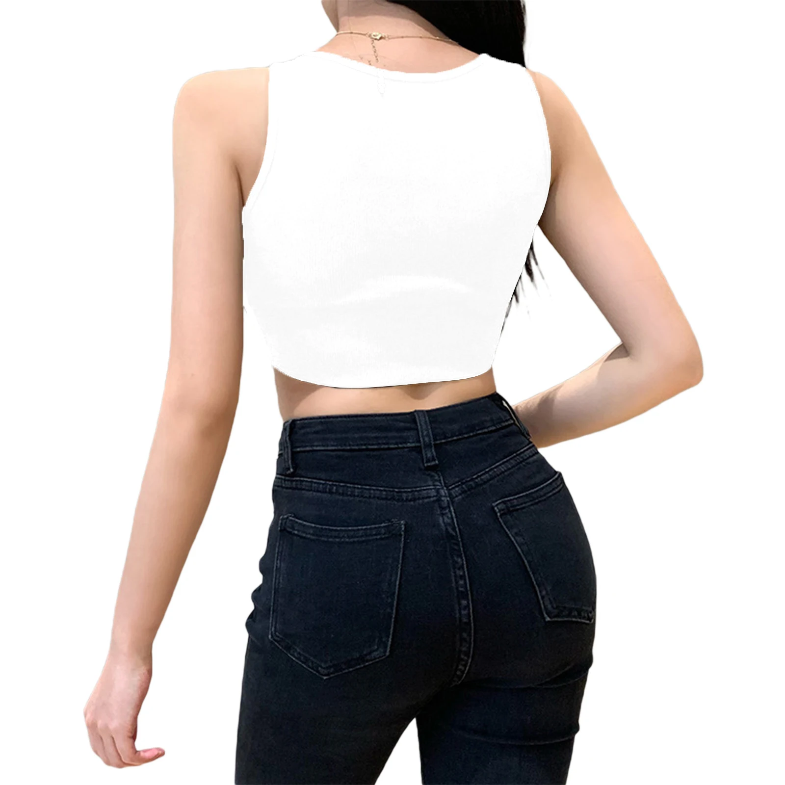 

2021 New Trendy Letter Rhinestone Pattern Slim Cropped Vest Women Wild Fashion Sleeveless Round Neck Fit Rib Knit Base Tank Tops