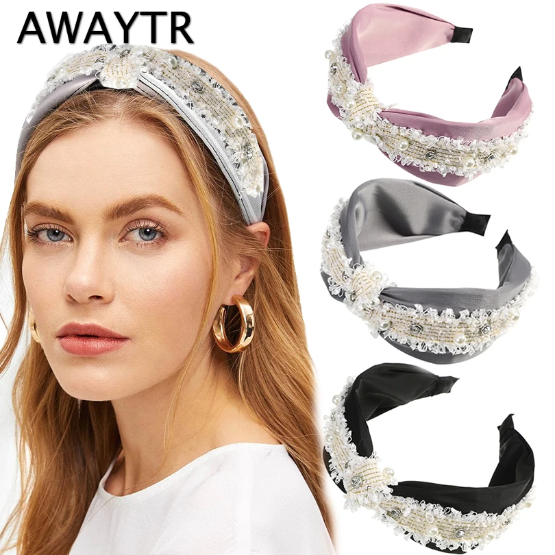 

AWAYTR Retro Wide Hairbands For Women Solid Color Headband Bezel Hair Hoop Fashion New Pearl Hair Band Hair Accessories