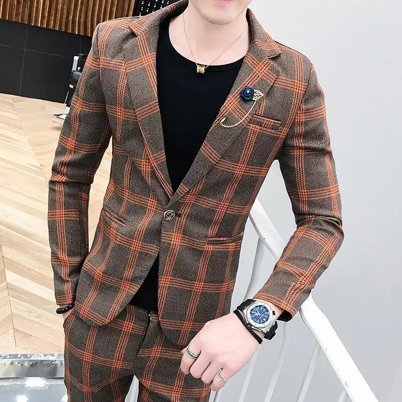 (Jacket+pants) 2020 New Fashion Retro Plaid Suit Trailblazer Men's  Rormal Party Prom Tuxedo Best Men's Blazer With Pants M-3XL