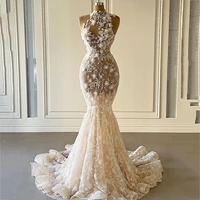 robe de mariee 2021mermaid wedding dresses with high neckline 3d flowers bridal dresses mariage bride dresses