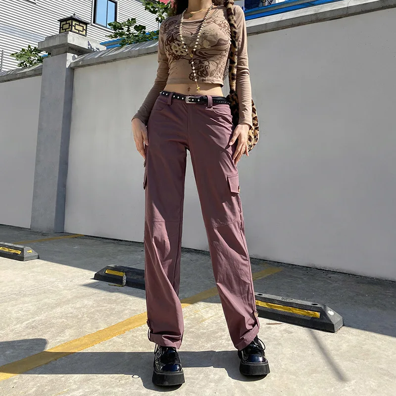 

Женские однотонные брюки-карго, винтажные прямые брюки со средней талией и карманами