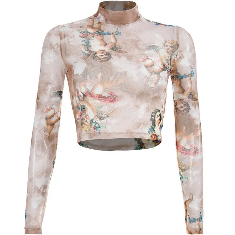 2019 New Arrival Women Girls Sexy Mesh Sheer Crop Top Long Sleeve Print Bodycon Cupid Transparent T-Shirt Tee Tops | Женская одежда