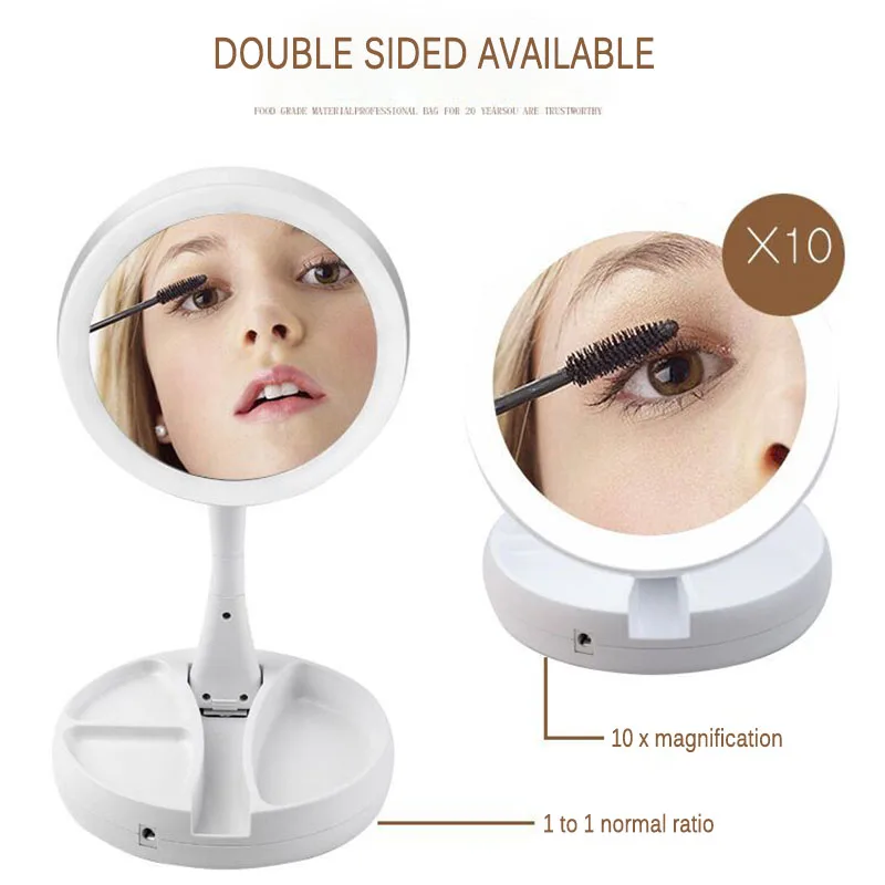 Складное двустороннее зеркало 1X-10X светодиодный свет складное для макияжа