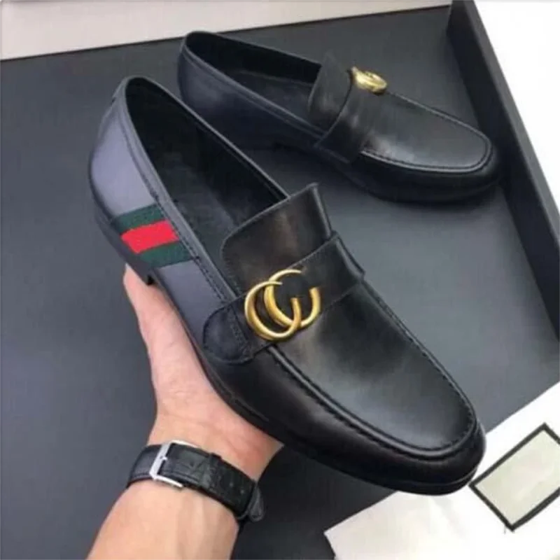 

Men's Handmade PU Black Double Metal Buckle Decorated with High Quality Loafers Fashionable and Versatile Business Casual 1KB025