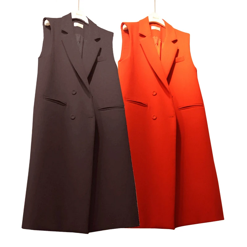 

Long Vest Sleeveless Coat Jacket Ladies Korean Double Breasted Longline Waistcoat For Women Vintage Black Red Tops Plus Size