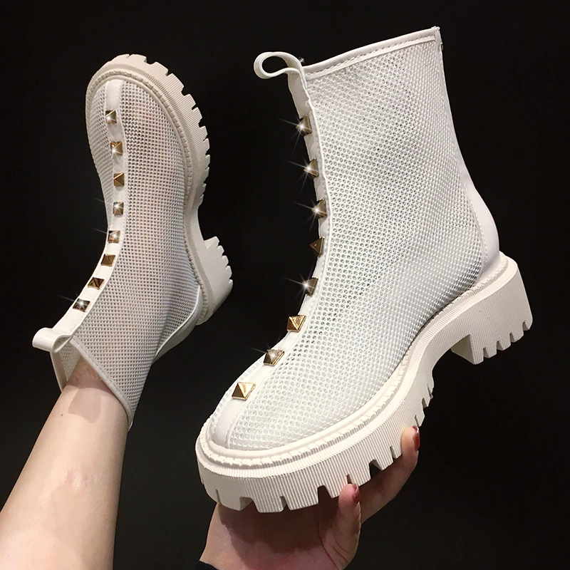 

2021 Mesh Zipper Genuine Leather Boots Women Pumps Spring Summer Square Round Toe High Heel Women Shoes Size 34-41