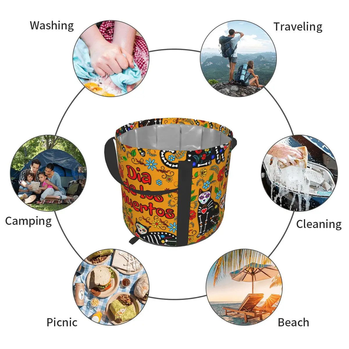 

Foldable Water Bag Mexico Skull Black Cats Outdoor Sports Camping Hiking Storge Water Bucket Picnic Container Lifting Carrier