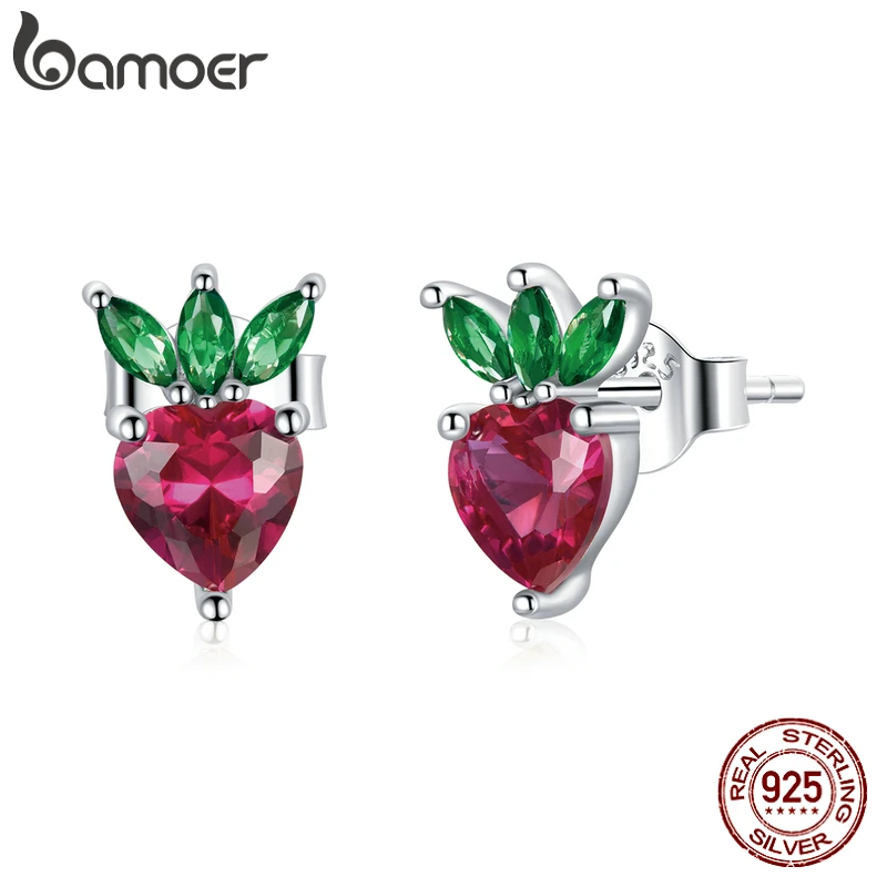 

bamoer Silver Strawberry Stud Earrings 100% 925 Sterling Silver Lovely Colored CZ Earring for Women Fashion Jewelry SCE1034