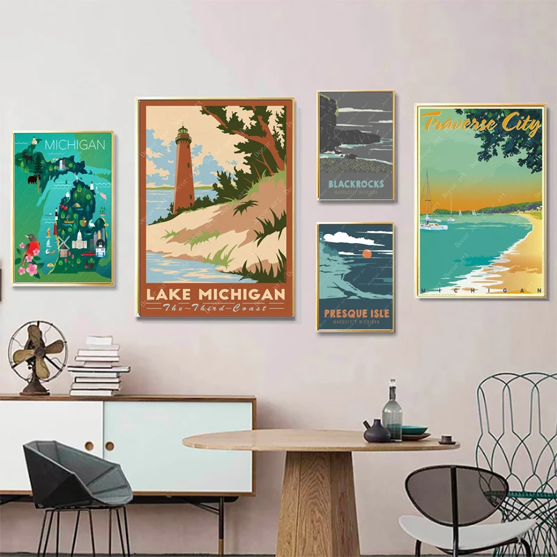 Парусиновые картины в стиле Мичиган из Америки США винтажные дорожные настенные