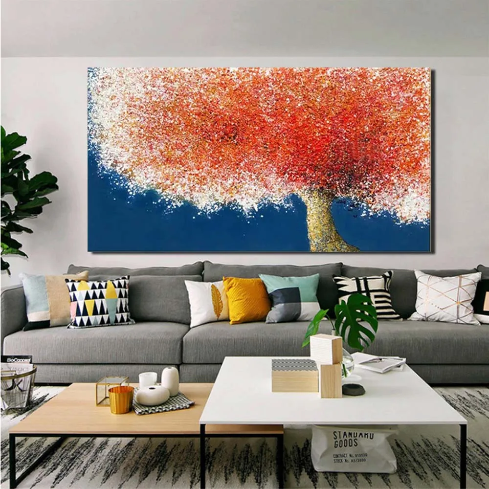 Hand Painted Modern Impasto Abstract Red Tree Picture Oil Painting Canvas Living Room Home Landscape Decor Drop Shipping | Дом и сад