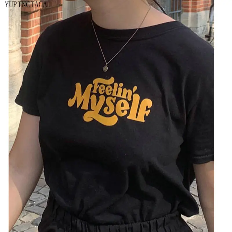 Женская футболка с коротким рукавом круглым вырезом и принтом букв | одежда