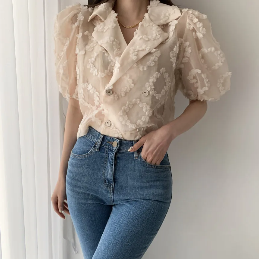 

HziriP 2021 Florals Elegance Notched Office Lady Slim Femme Vintage Chic Sweet Stylish Retro High Quality All-Match Shirts