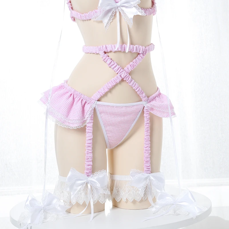 Paloli Cute Maid Sweet Plaid Uniform Set Gothic Pink Blue Chiffon Harness Garter Sexy Open Bust Top Bondage Body Cage Lingerie