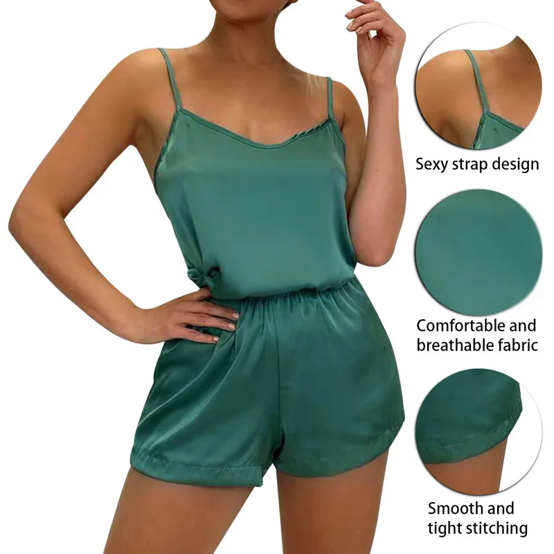 

2021 Women Summer Sleepwear Sexy Pajama Set Solid Adjustable Strap Cami Top and Shorts Satin Pajamas Loose Female Nightwear Suit