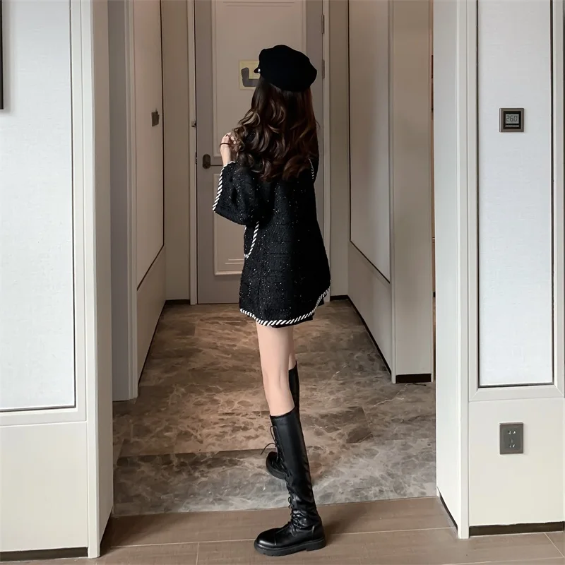 Возможно у женская черная твидовая двубортная Лоскутная Верхняя одежда на