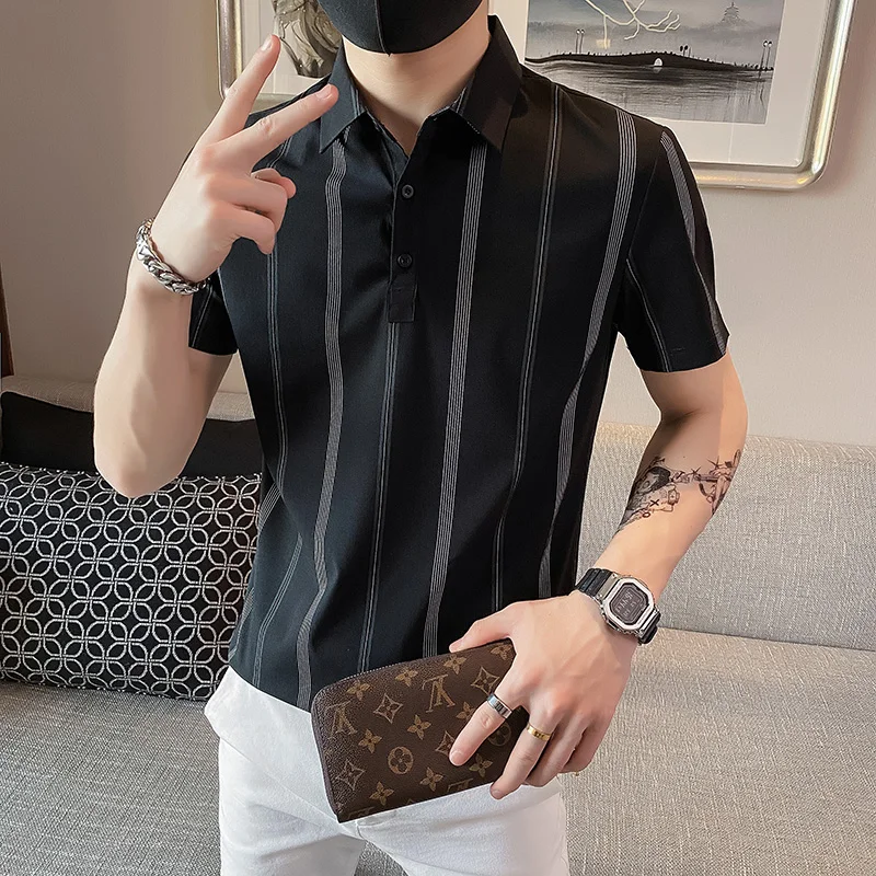 

2021 Summer New Style Boutique Striped Fashion Men's Casual Short-sleeved POLO Shirt Male Social Street Slim Tee Shirt