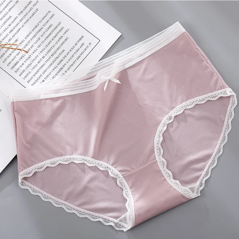 Light Pink Женские трусики большого размера, сексуальные кружевные шелковые антибактериальные трусы с бантом, женское нижнее белье размера плюс, женские 4XL - Цвет: Light Pink