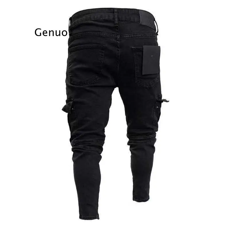Men Biker Ripped Long Denim Trousers Skinny Jeans Pants Destroyed Stretchy-Black Pants