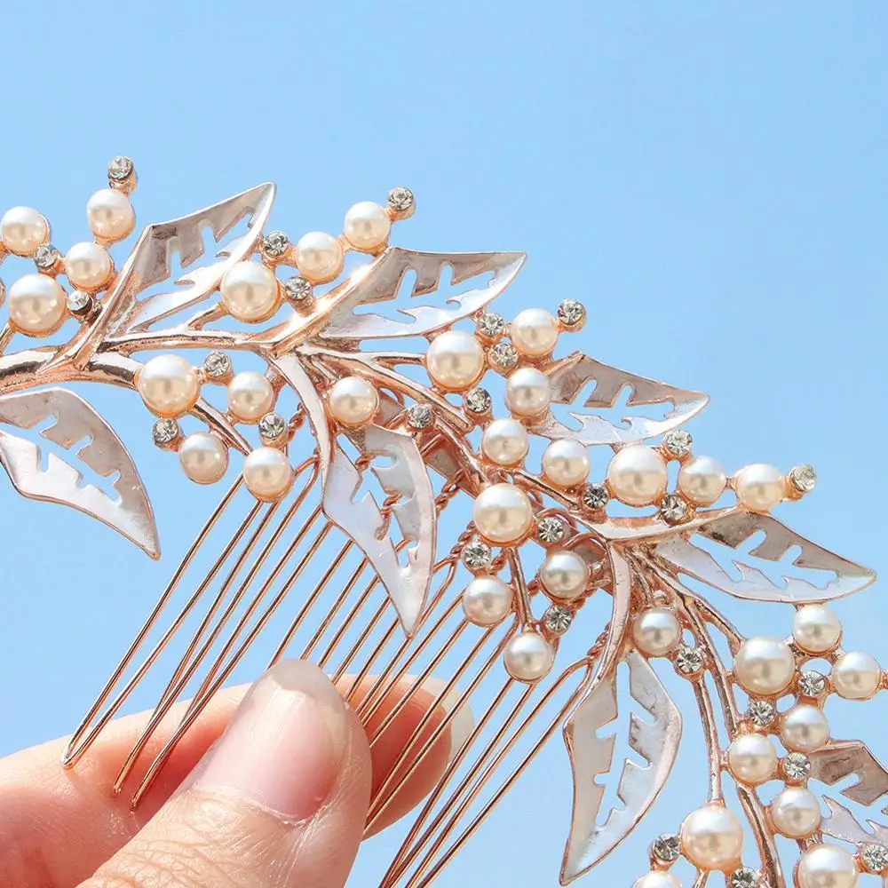 Новые сплавные гребни с жемчугом на листе для волос свадебные украшения серебряного/золотого/розового цвета для женщин бриджес с кристальным орнаментом.